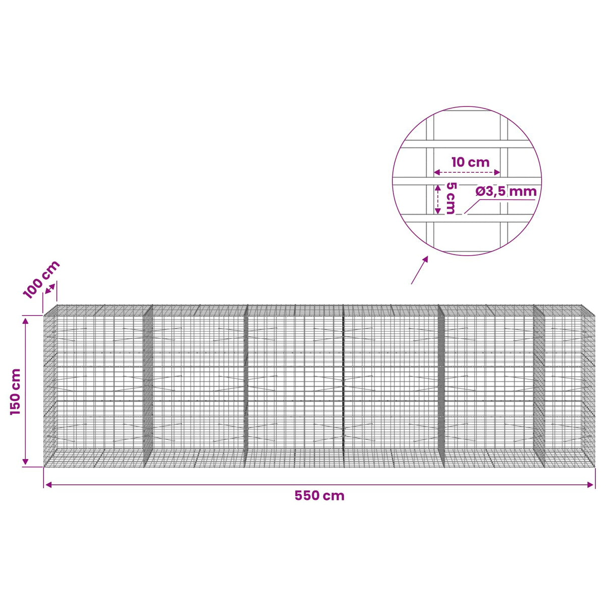vidaXL Gabion z drutu 3,5 mm i siatką 5x10 cm 550x100x150 cm