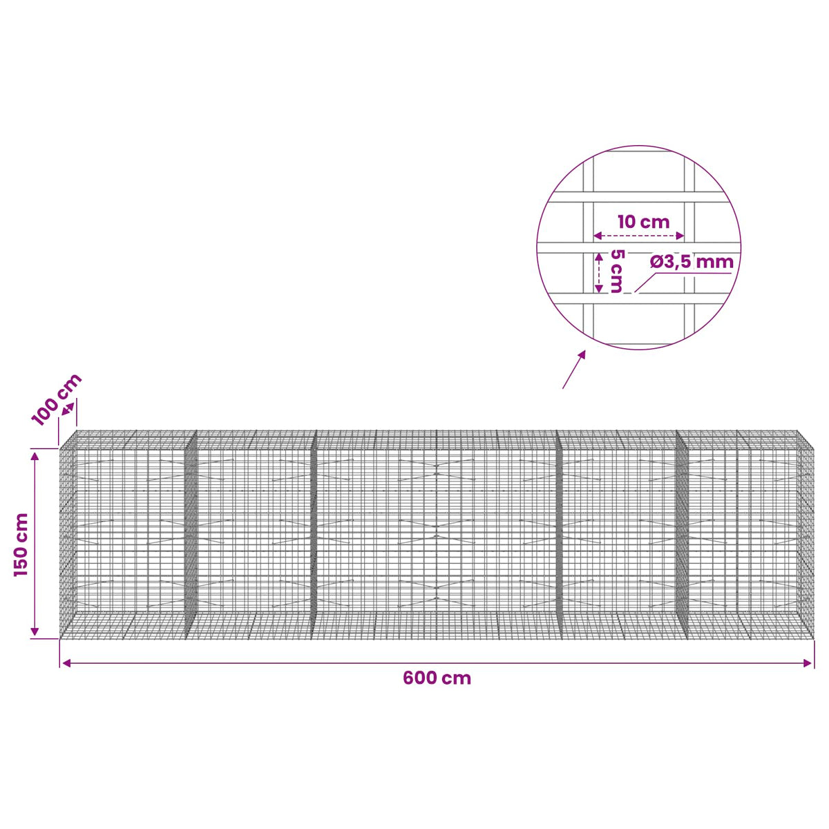 vidaXL Gabion z drutu 3,5 mm i siatką 5x10 cm 600x100x150 cm