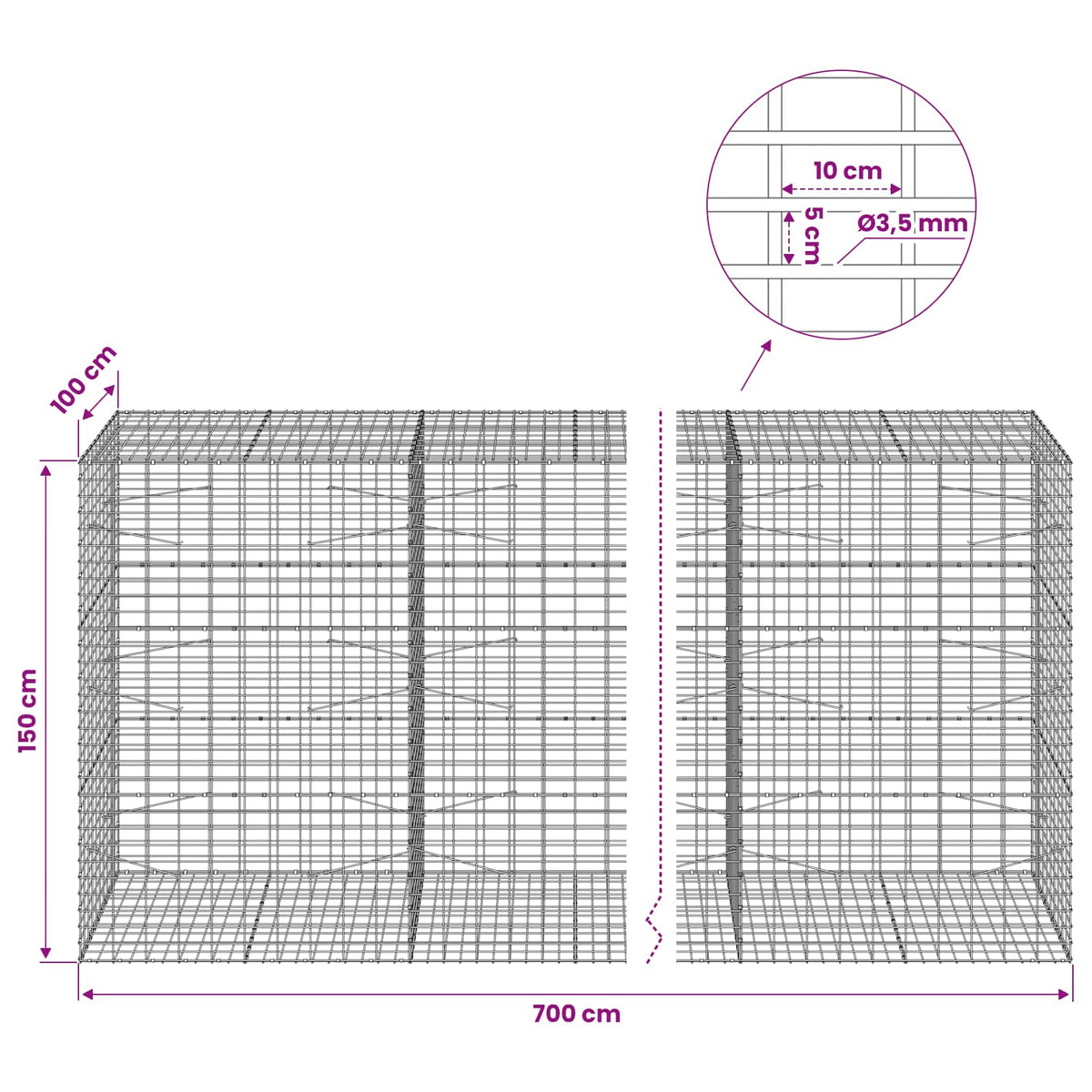 vidaXL Gabion z drutu 3,5 mm i siatką 5x10 cm 700x100x150 cm