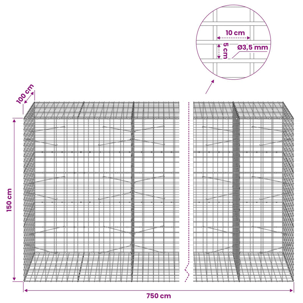 vidaXL Gabion z drutu 3,5 mm i siatką 5x10 cm 750x100x150 cm