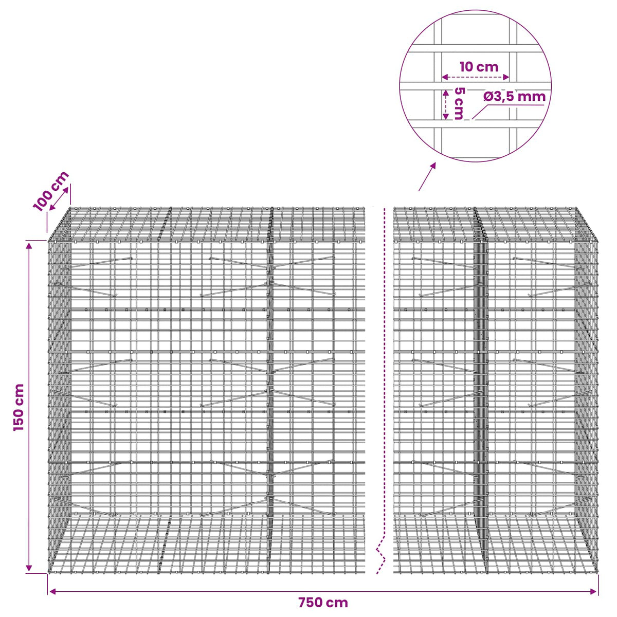 vidaXL Gabion z drutu 3,5 mm i siatką 5x10 cm 750x100x150 cm