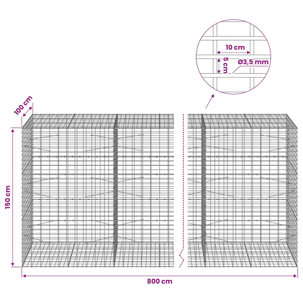 vidaXL Gabion z drutu 3,5 mm i siatką 5x10 cm 800x100x150 cm