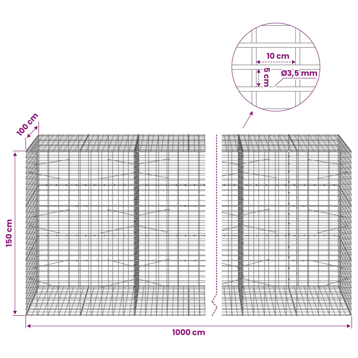 vidaXL Gabion z drutu 3,5 mm i siatką 5x10 cm 1000x100x150 cm