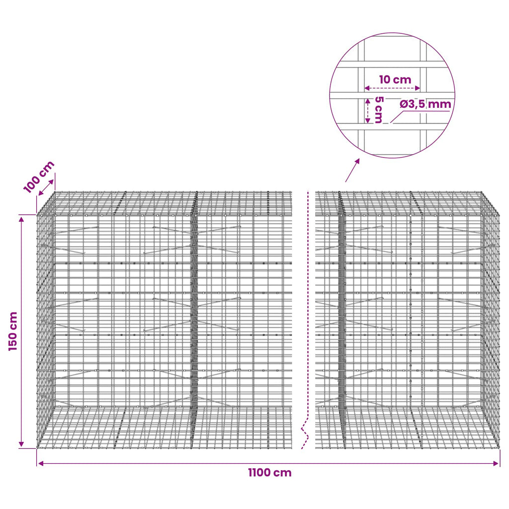 vidaXL Gabion z drutu 3,5 mm i siatką 5x10 cm 1100x100x150 cm