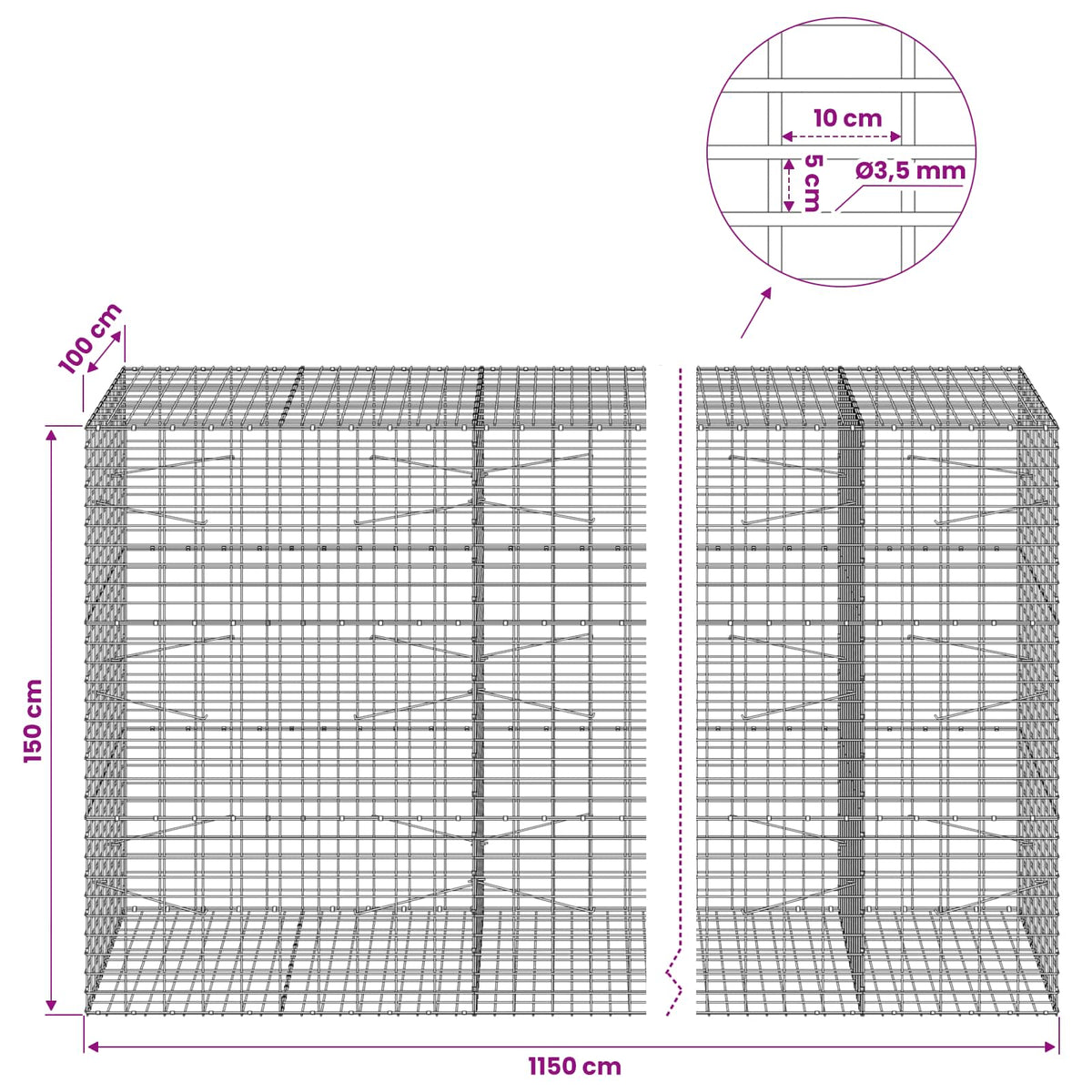 vidaXL Gabion z drutu 3,5 mm i siatką 5x10 cm 1150x100x150 cm