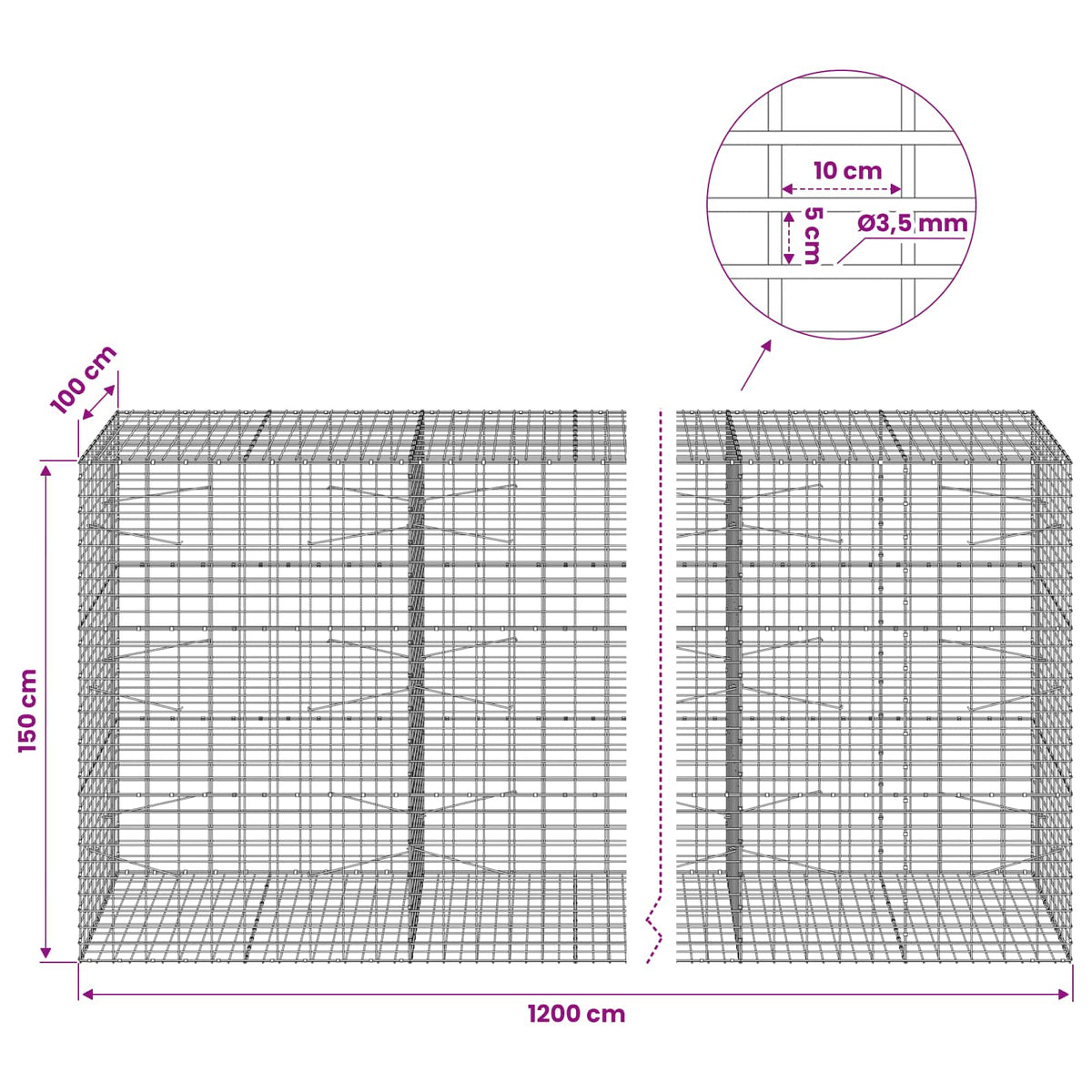 vidaXL Gabion z drutu 3,5 mm i siatką 5x10 cm 1200x100x150 cm