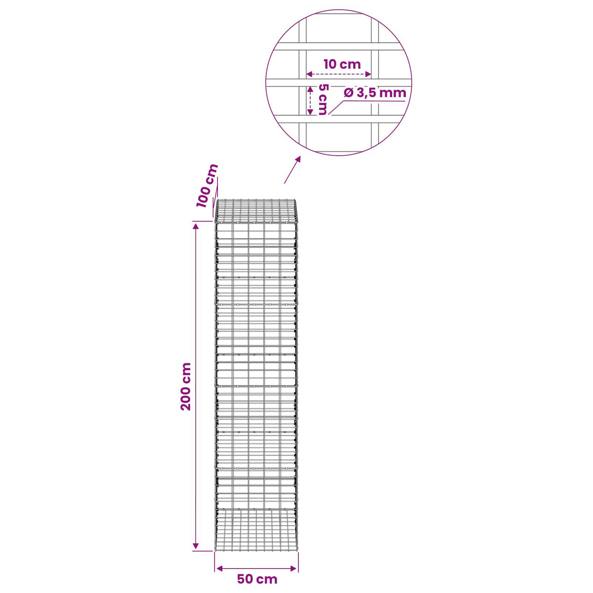vidaXL Gabion z drutu 3,5 mm i siatką 5x10 cm 50x100x200 cm