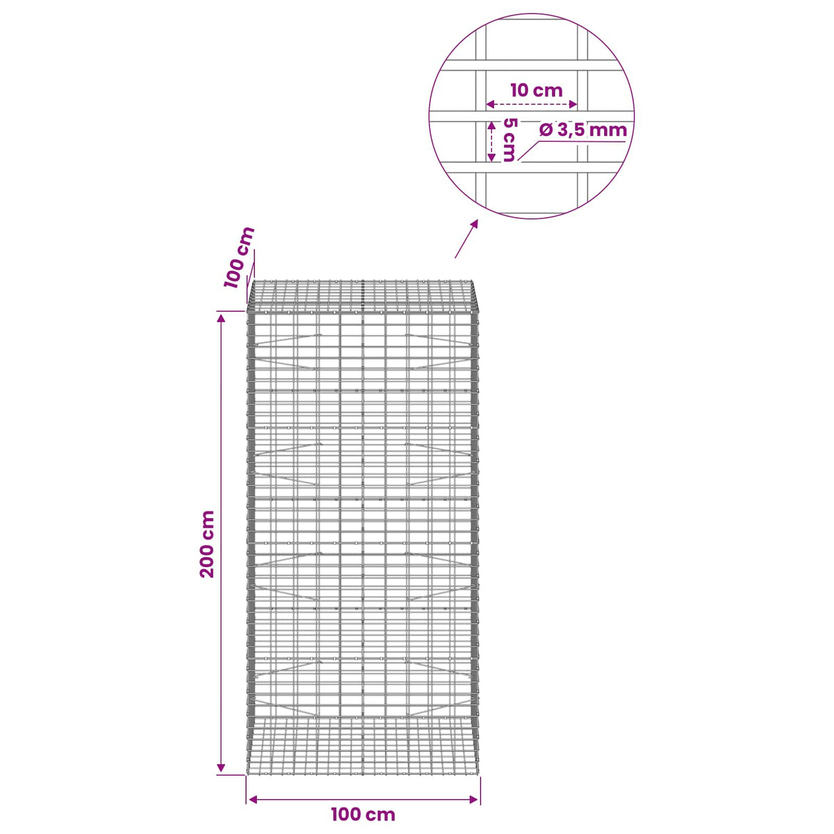 vidaXL Gabion z drutu 3,5 mm i siatką 5x10 cm 100x100x200 cm
