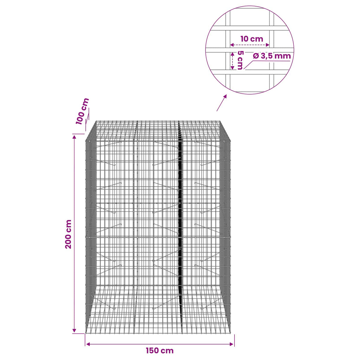 vidaXL Gabion z drutu 3,5 mm i siatką 5x10 cm 150x100x200 cm