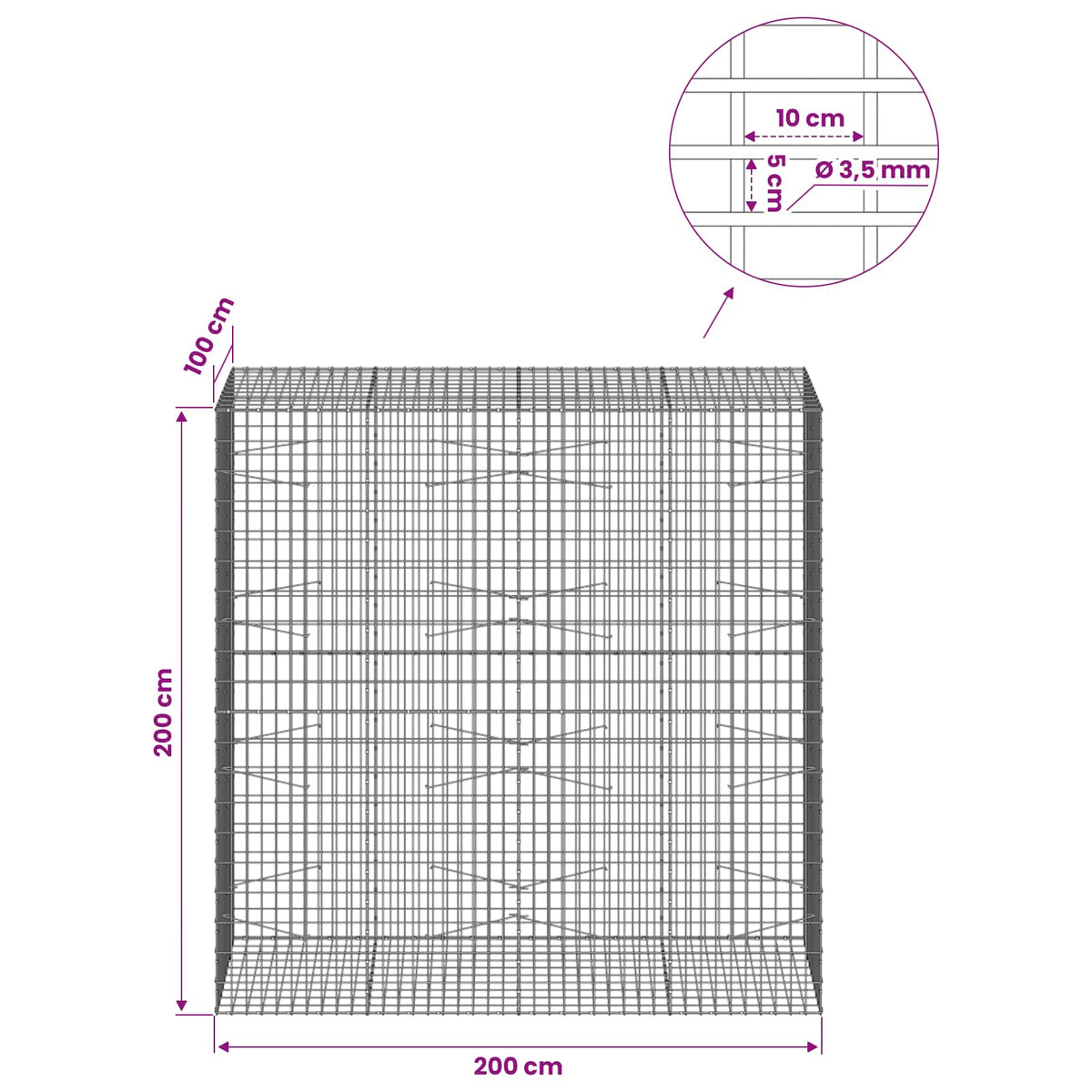 vidaXL Gabion z drutu 3,5 mm i siatką 5x10 cm 200x100x200 cm