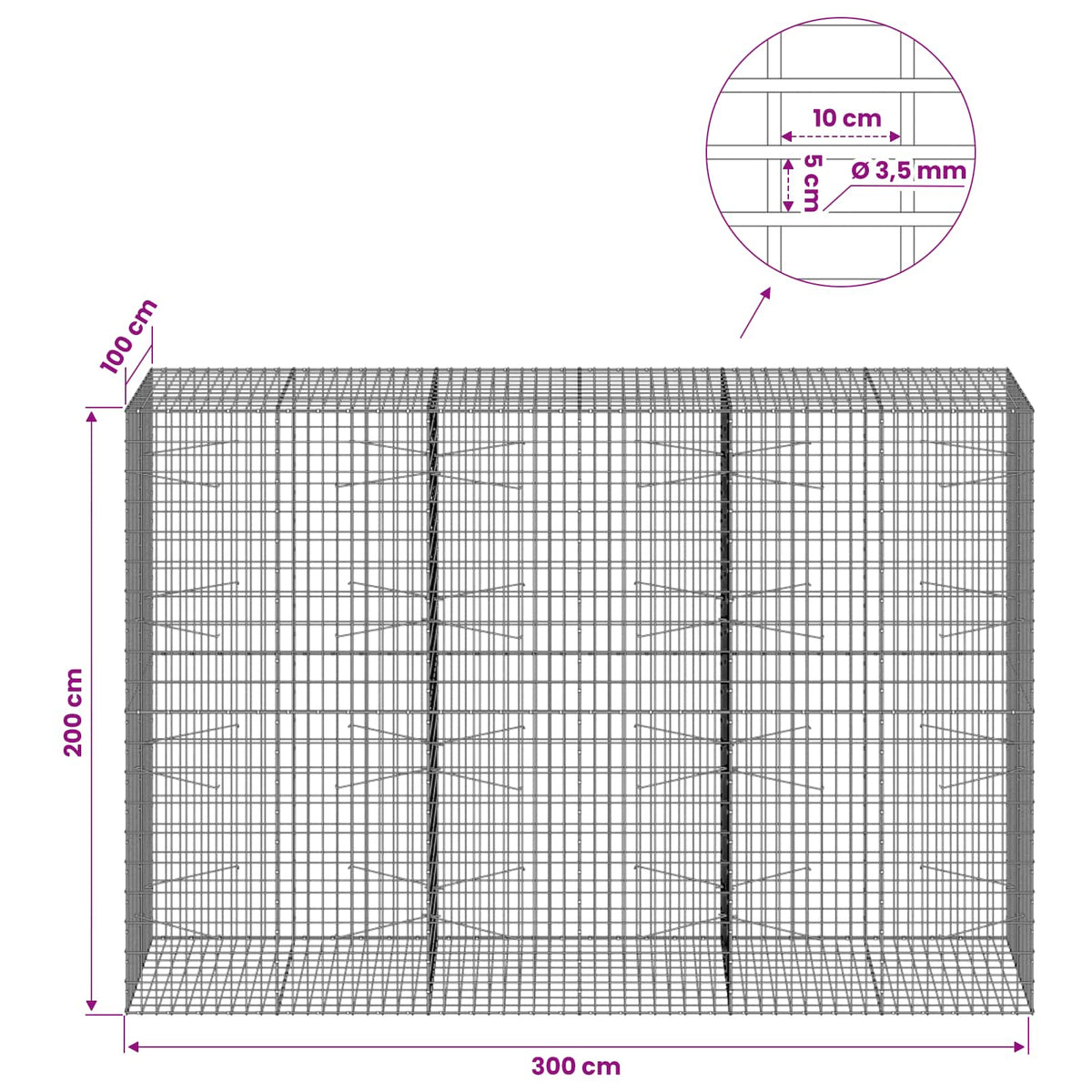 vidaXL Gabion z drutu 3,5 mm i siatką 5x10 cm 300x100x200 cm