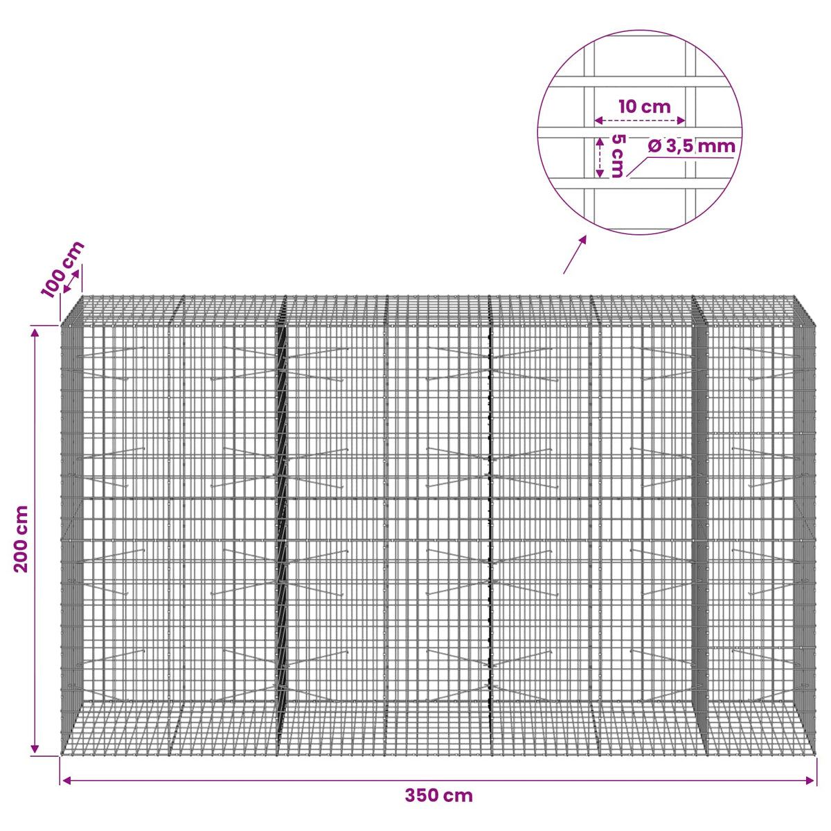 vidaXL Gabion z drutu 3,5 mm i siatką 5x10 cm 350x100x200 cm