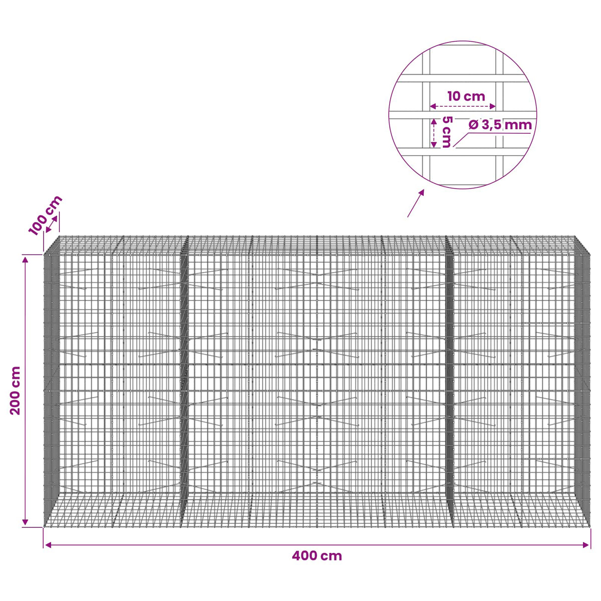 vidaXL Gabion z drutu 3,5 mm i siatką 5x10 cm 400x100x200 cm