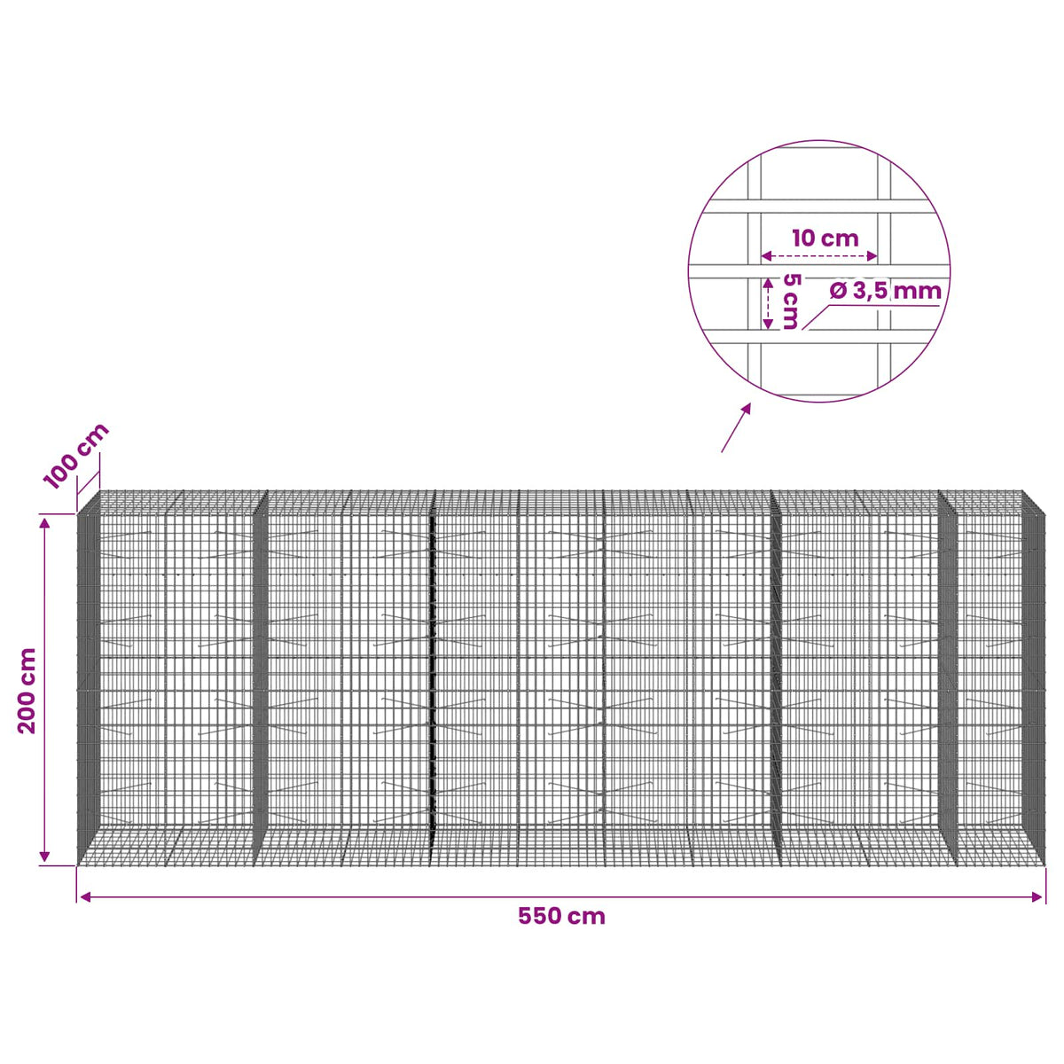 vidaXL Gabion z drutu 3,5 mm i siatką 5x10 cm 550x100x200 cm