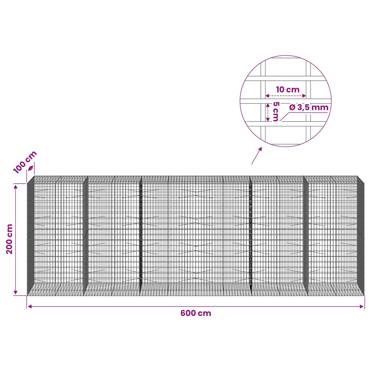 vidaXL Gabion z drutu 3,5 mm i siatką 5x10 cm 600x100x200 cm