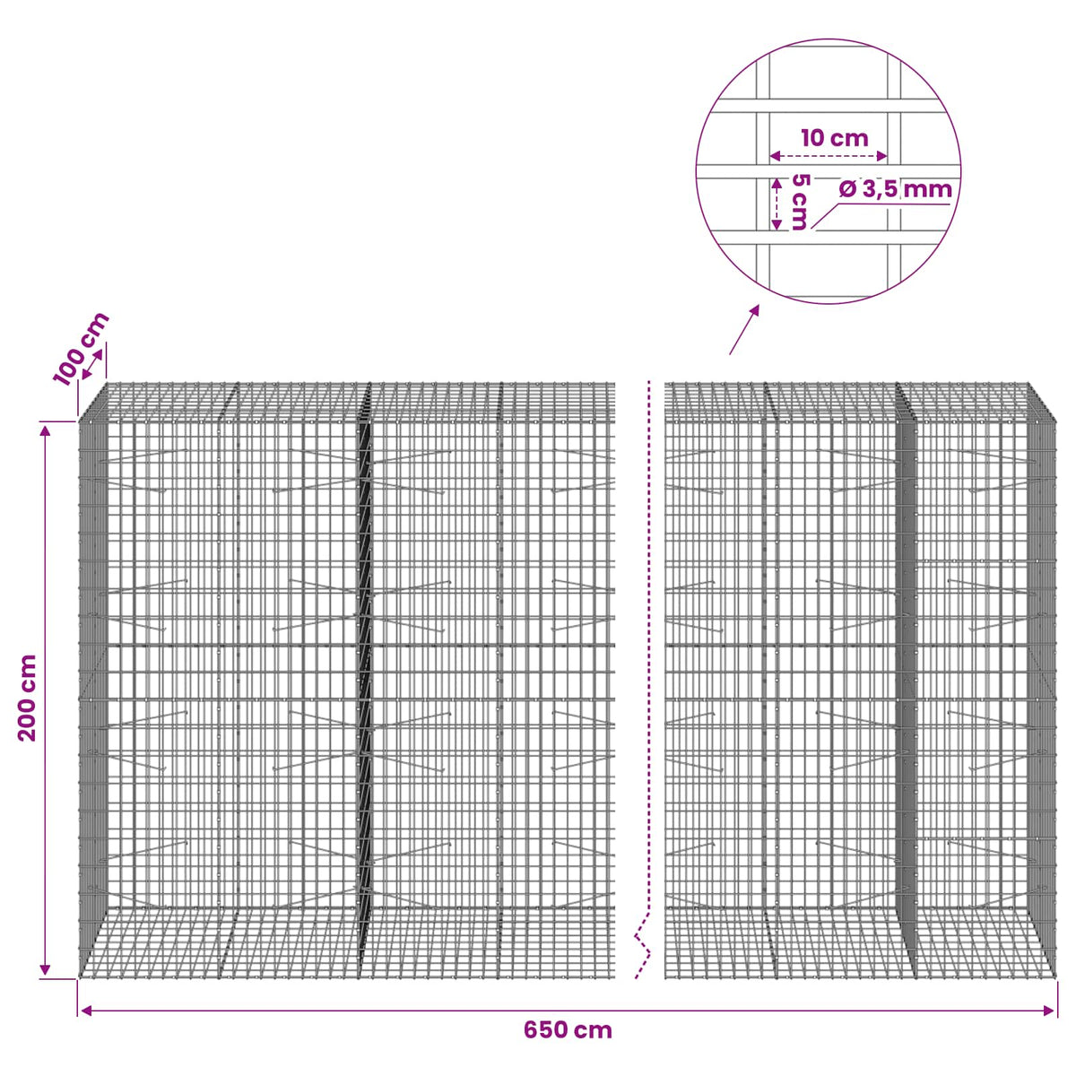 vidaXL Gabion z drutu 3,5 mm i siatką 5x10 cm 650x100x200 cm