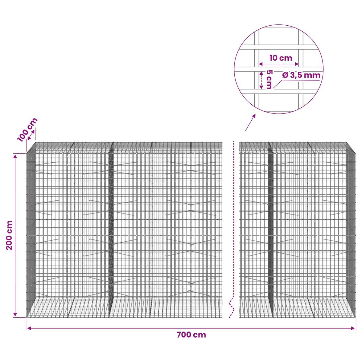 vidaXL Gabion z drutu 3,5 mm i siatką 5x10 cm 700x100x200 cm