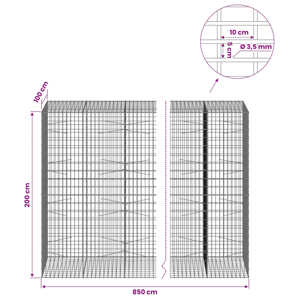 vidaXL Gabion z drutu 3,5 mm i siatką 5x10 cm 850x100x200 cm