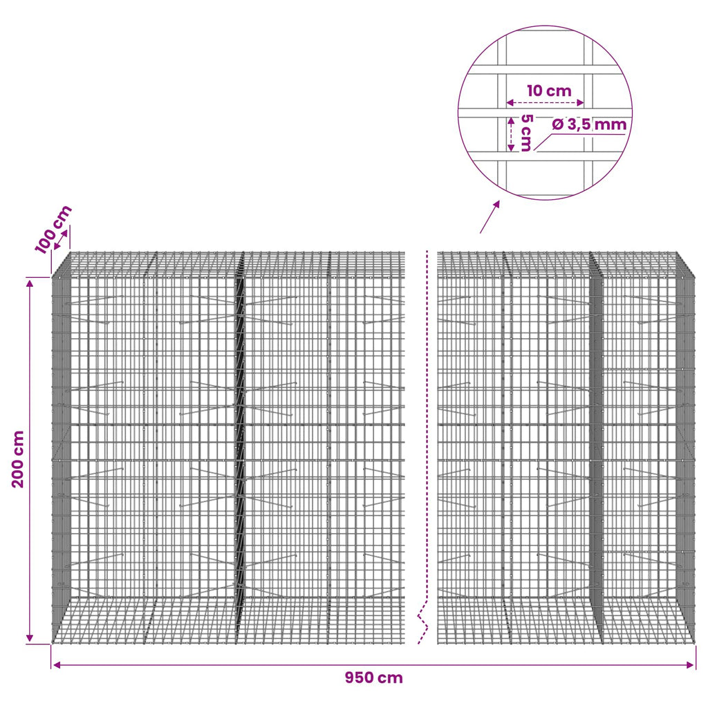 vidaXL Gabion z drutu 3,5 mm i siatką 5x10 cm 950x100x200 cm