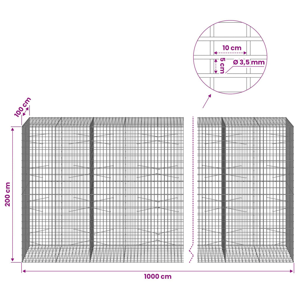 vidaXL Gabion z drutu 3,5 mm i siatką 5x10 cm 1000x100x200 cm
