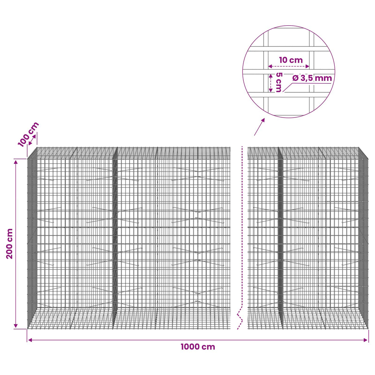 vidaXL Gabion z drutu 3,5 mm i siatką 5x10 cm 1000x100x200 cm