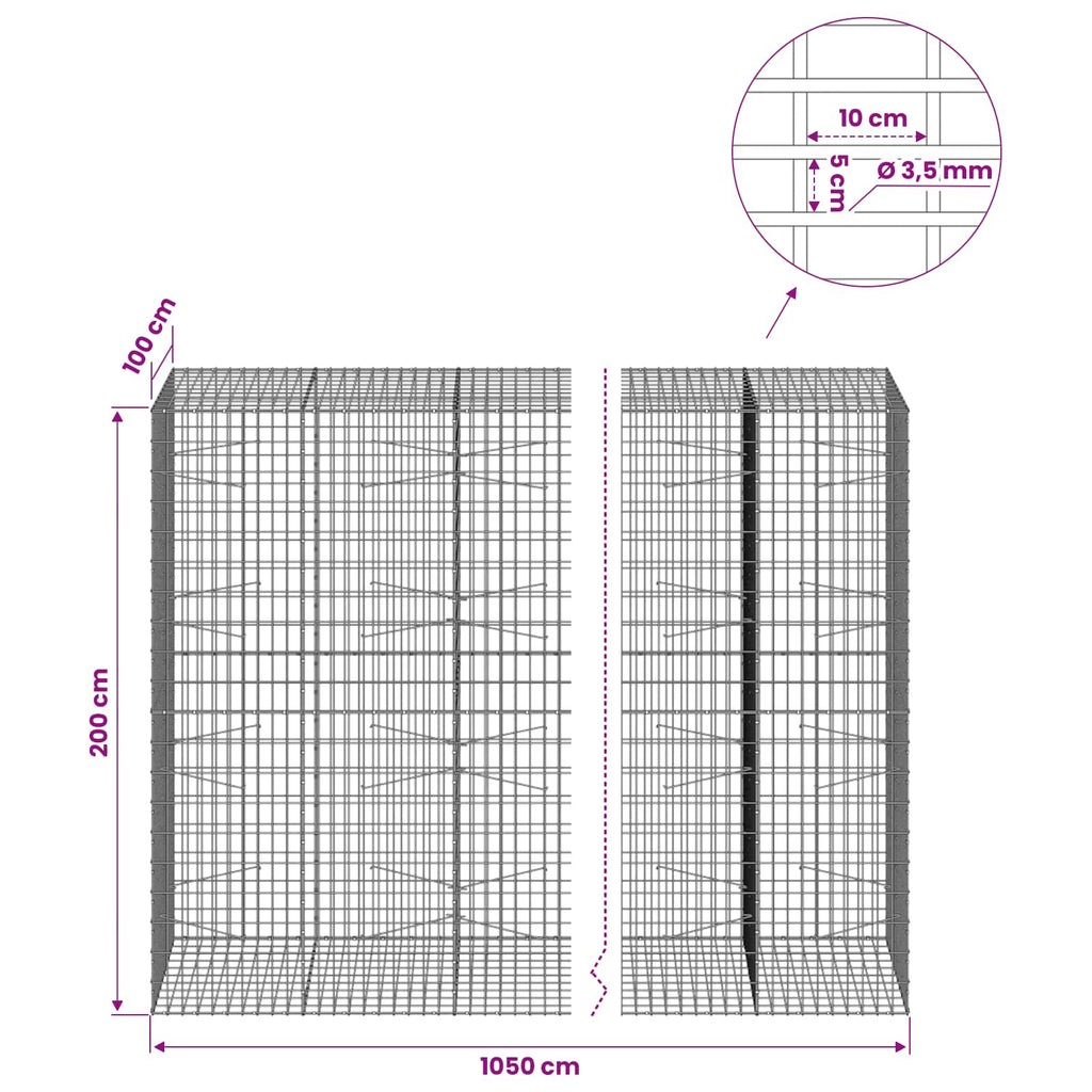 vidaXL Gabion z drutu 3,5 mm i siatką 5x10 cm 1050x100x200 cm