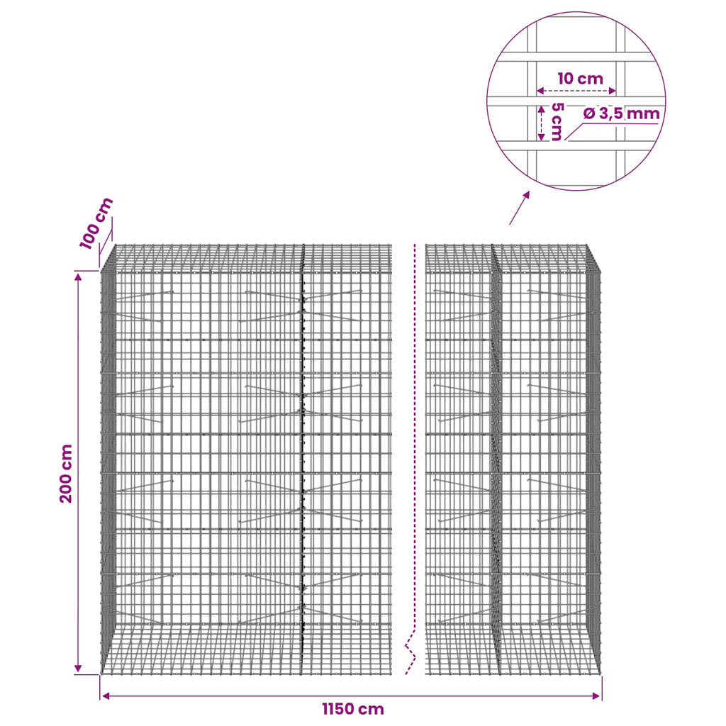vidaXL Gabion z drutu 3,5 mm i siatką 5x10 cm 1150x100x200 cm