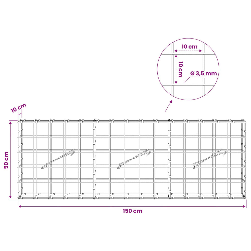 vidaXL Gabion z drutu 3,5 mm i siatką 10x10 cm 150x10x50 cm