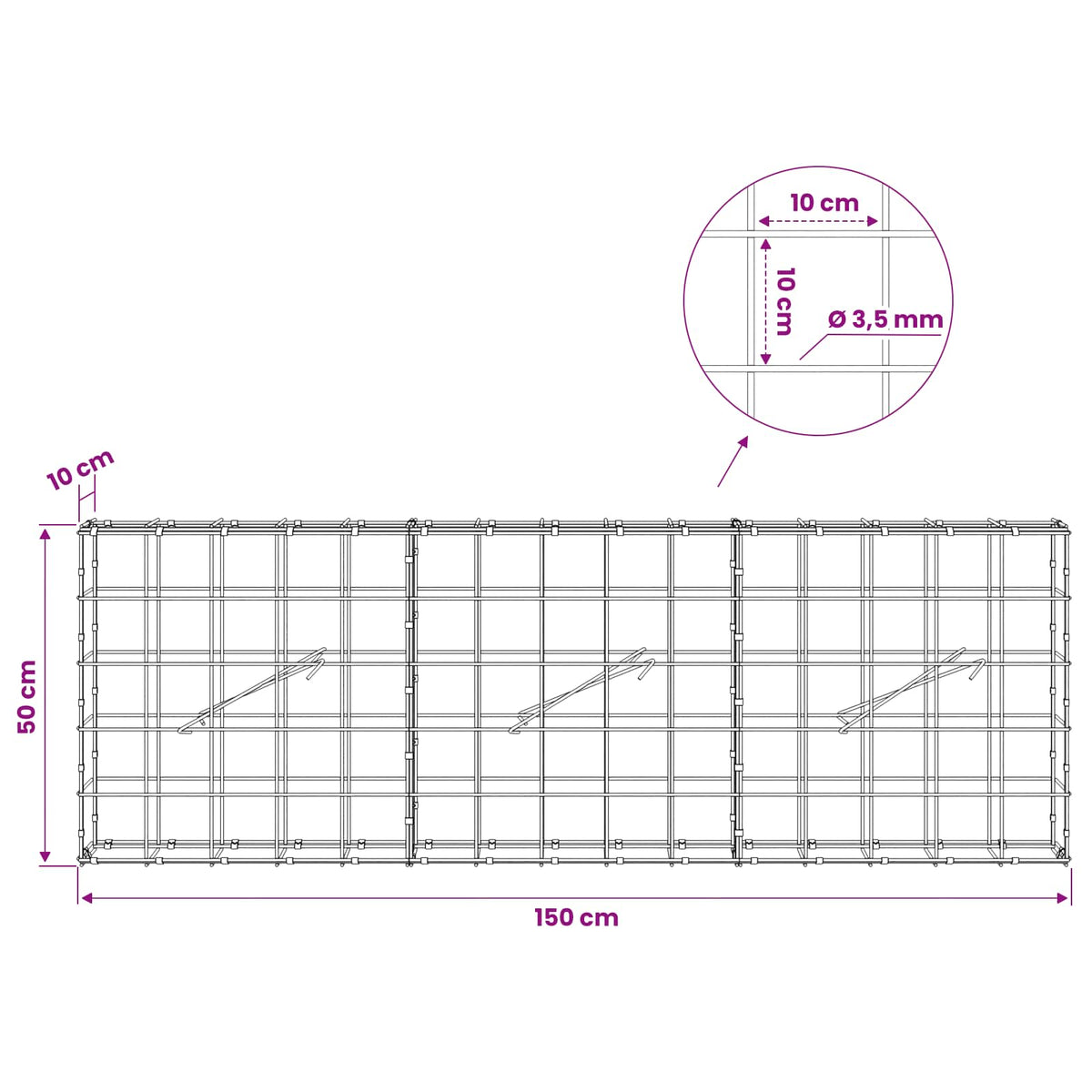 vidaXL Gabion z drutu 3,5 mm i siatką 10x10 cm 150x10x50 cm