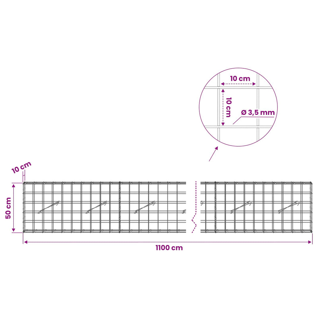vidaXL Gabion z drutu 3,5 mm i siatką 10x10 cm 1100x10x50 cm
