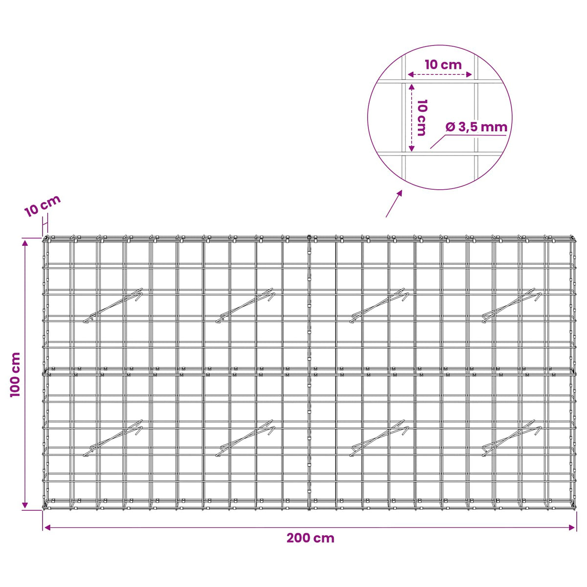 vidaXL Gabion z drutu 3,5 mm i siatką 10x10 cm 200x10x100 cm