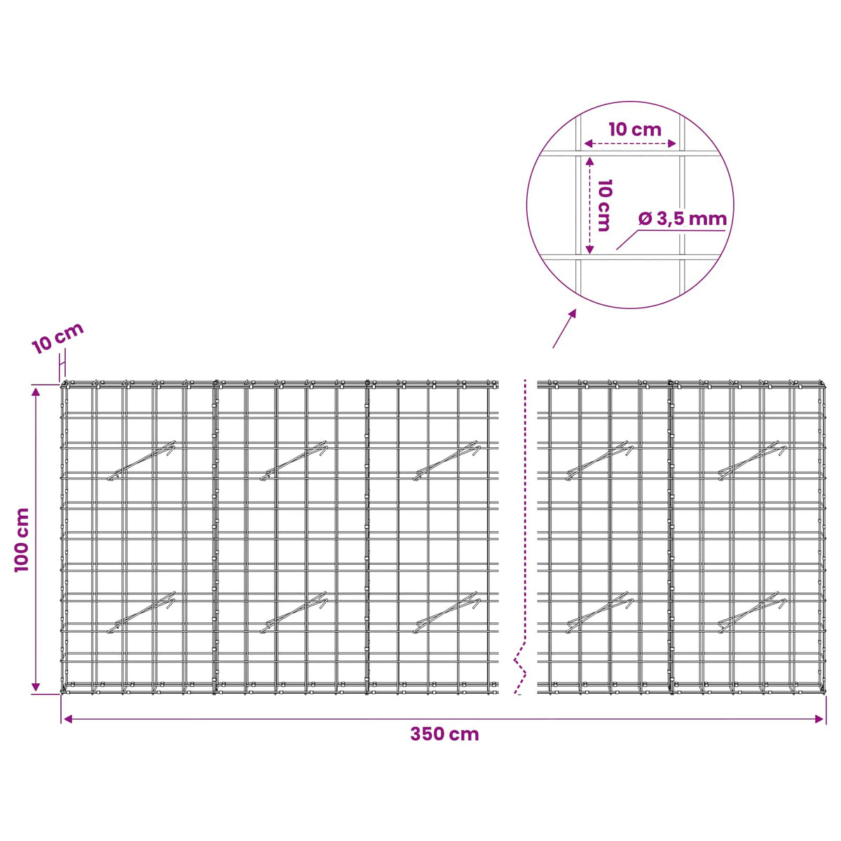 vidaXL Gabion z drutu 3,5 mm i siatką 10x10 cm 350x10x100 cm