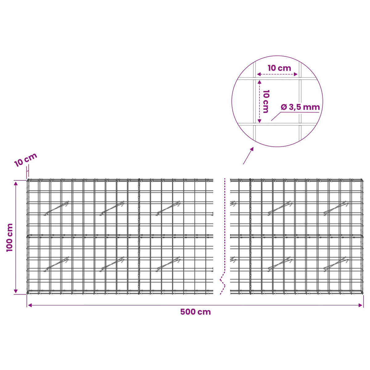 vidaXL Gabion z drutu 3,5 mm i siatką 10x10 cm 500x10x100 cm