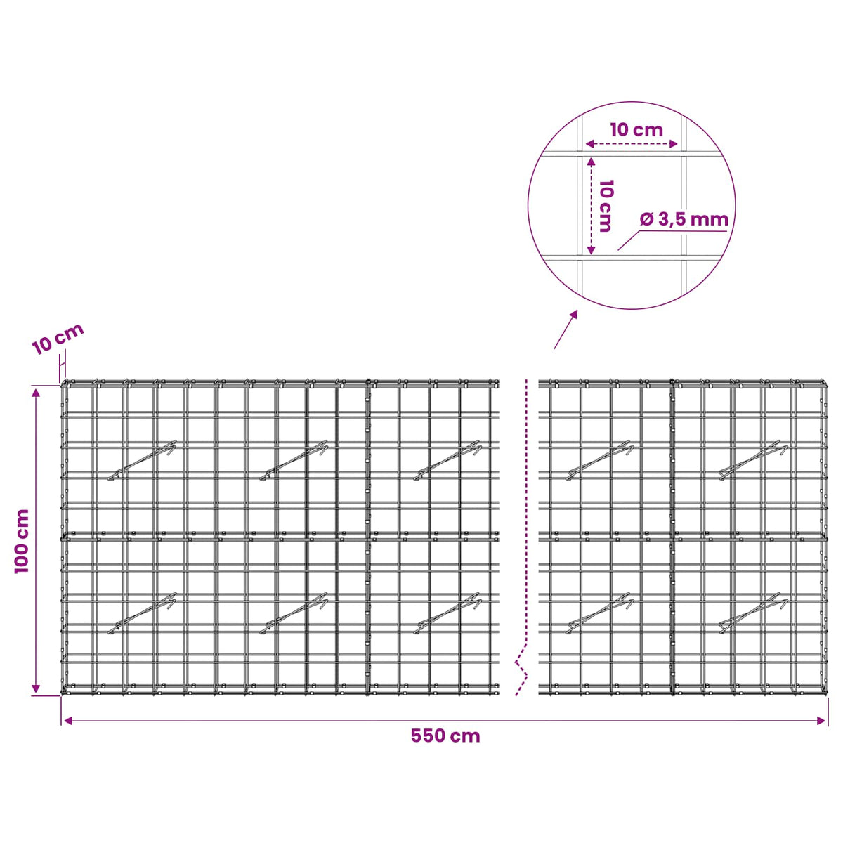 vidaXL Gabion z drutu 3,5 mm i siatką 10x10 cm 550x10x100 cm