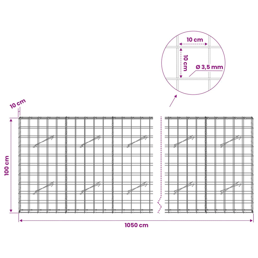 vidaXL Gabion z drutu 3,5 mm i siatką 10x10 cm 1050x10x100 cm