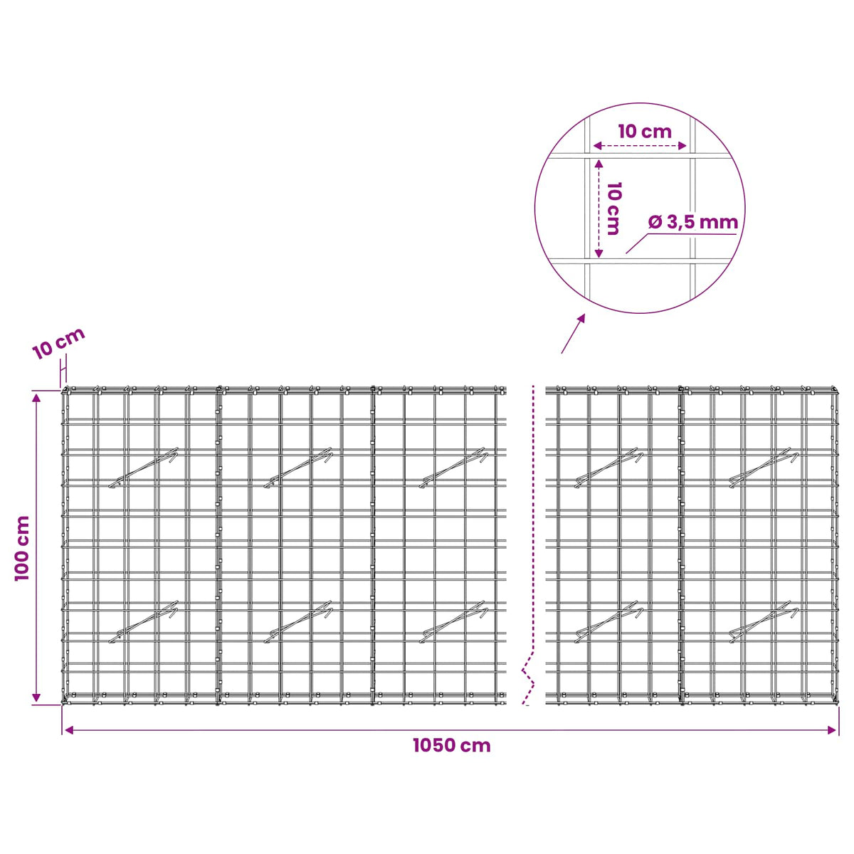 vidaXL Gabion z drutu 3,5 mm i siatką 10x10 cm 1050x10x100 cm