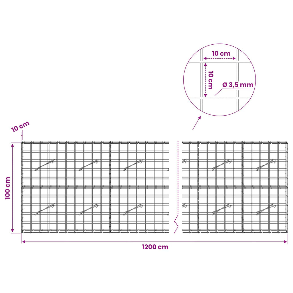 vidaXL Gabion z drutu 3,5 mm i siatką 10x10 cm 1200x10x100 cm