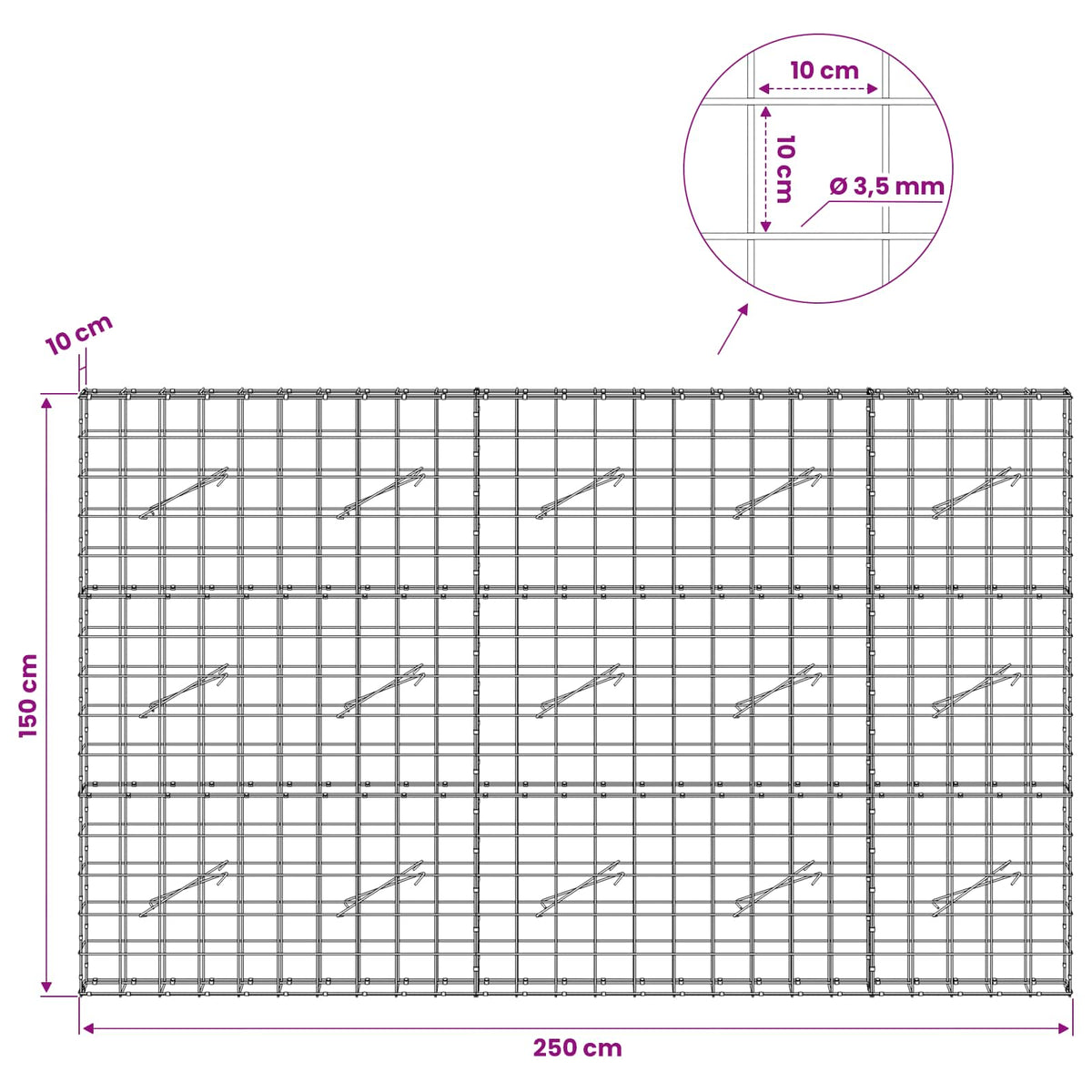 vidaXL Gabion z drutu 3,5 mm i siatką 10x10 cm 250x10x150 cm