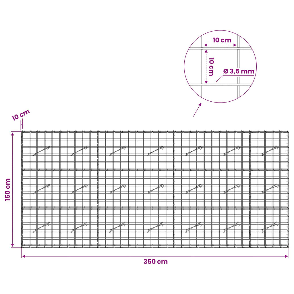 vidaXL Gabion z drutu 3,5 mm i siatką 10x10 cm 350x10x150 cm