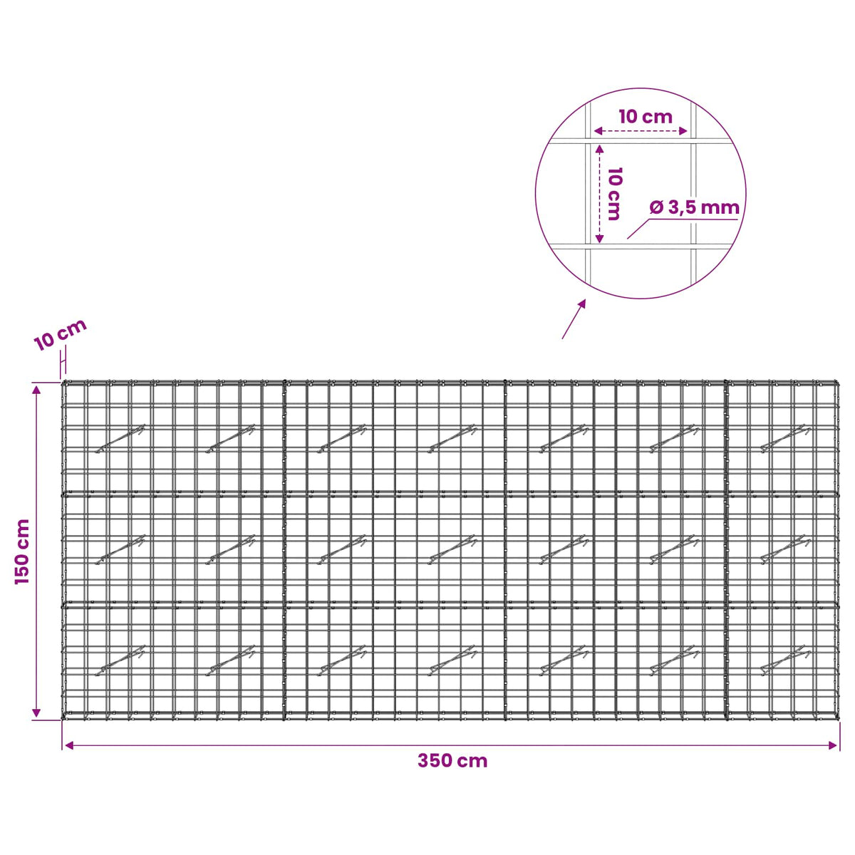 vidaXL Gabion z drutu 3,5 mm i siatką 10x10 cm 350x10x150 cm