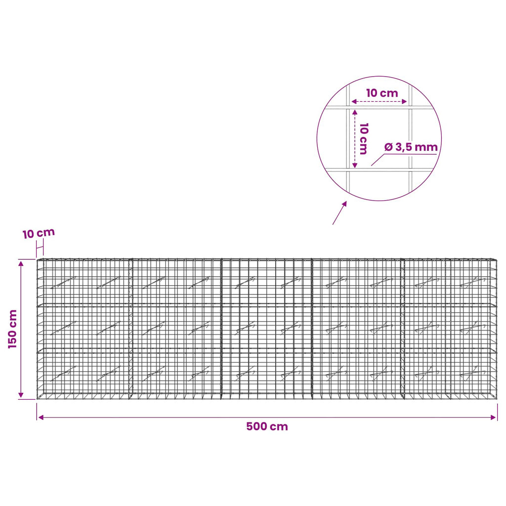 vidaXL Gabion z drutu 3,5 mm i siatką 10x10 cm 500x10x150 cm