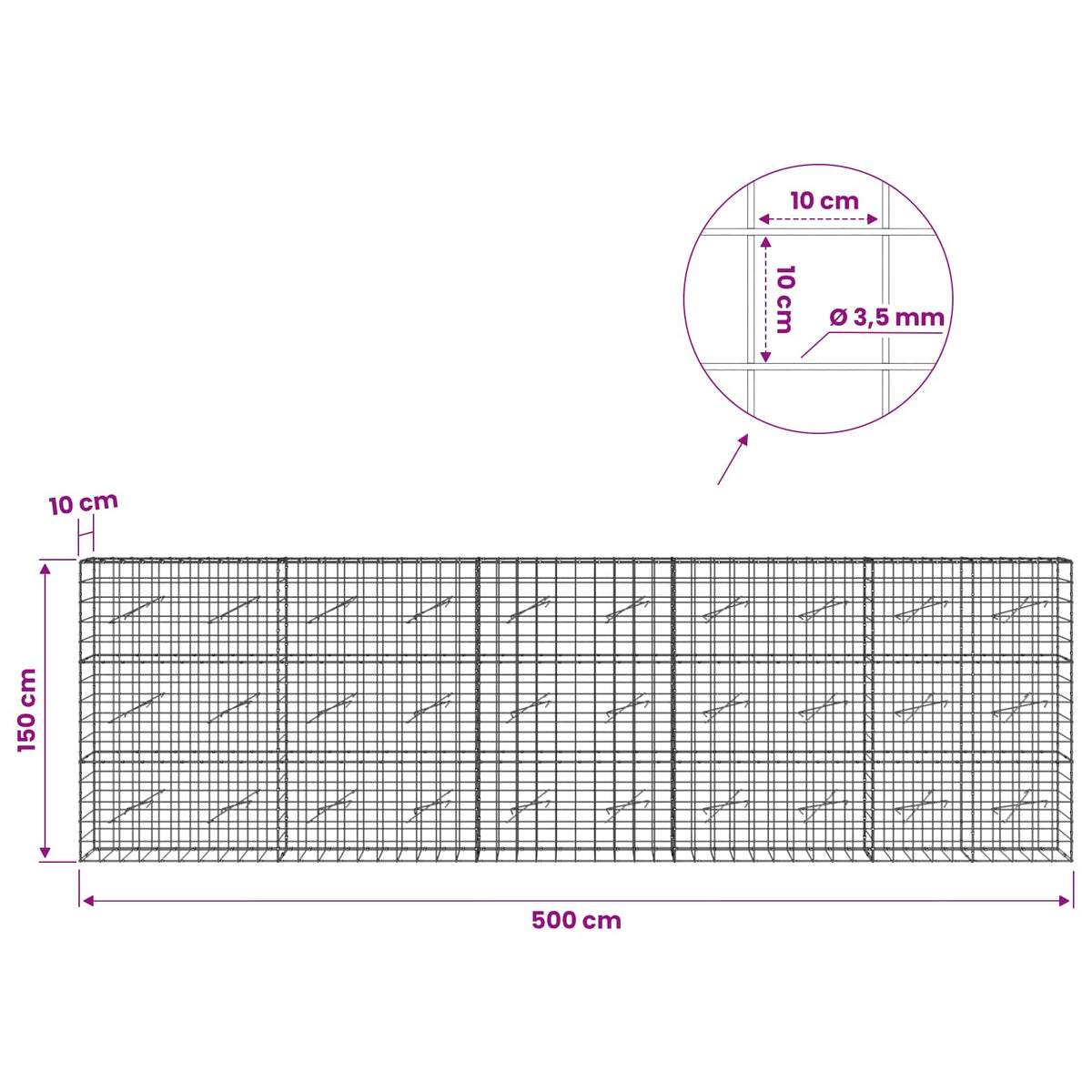 vidaXL Gabion z drutu 3,5 mm i siatką 10x10 cm 500x10x150 cm
