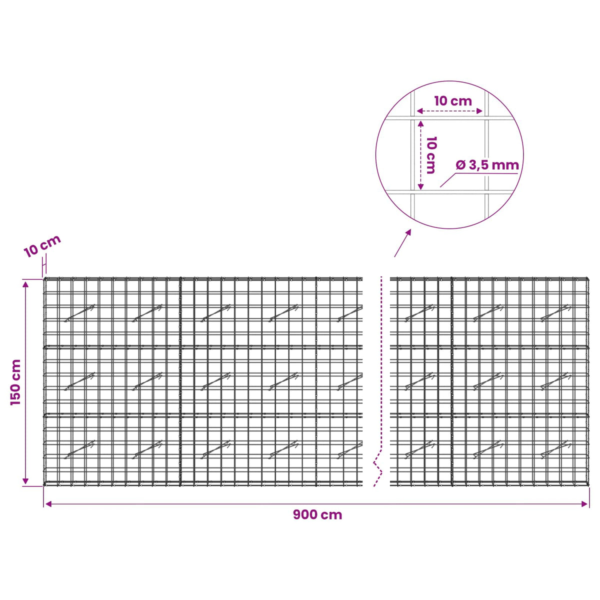 vidaXL Gabion z drutu 3,5 mm i siatką 10x10 cm 900x10x150 cm