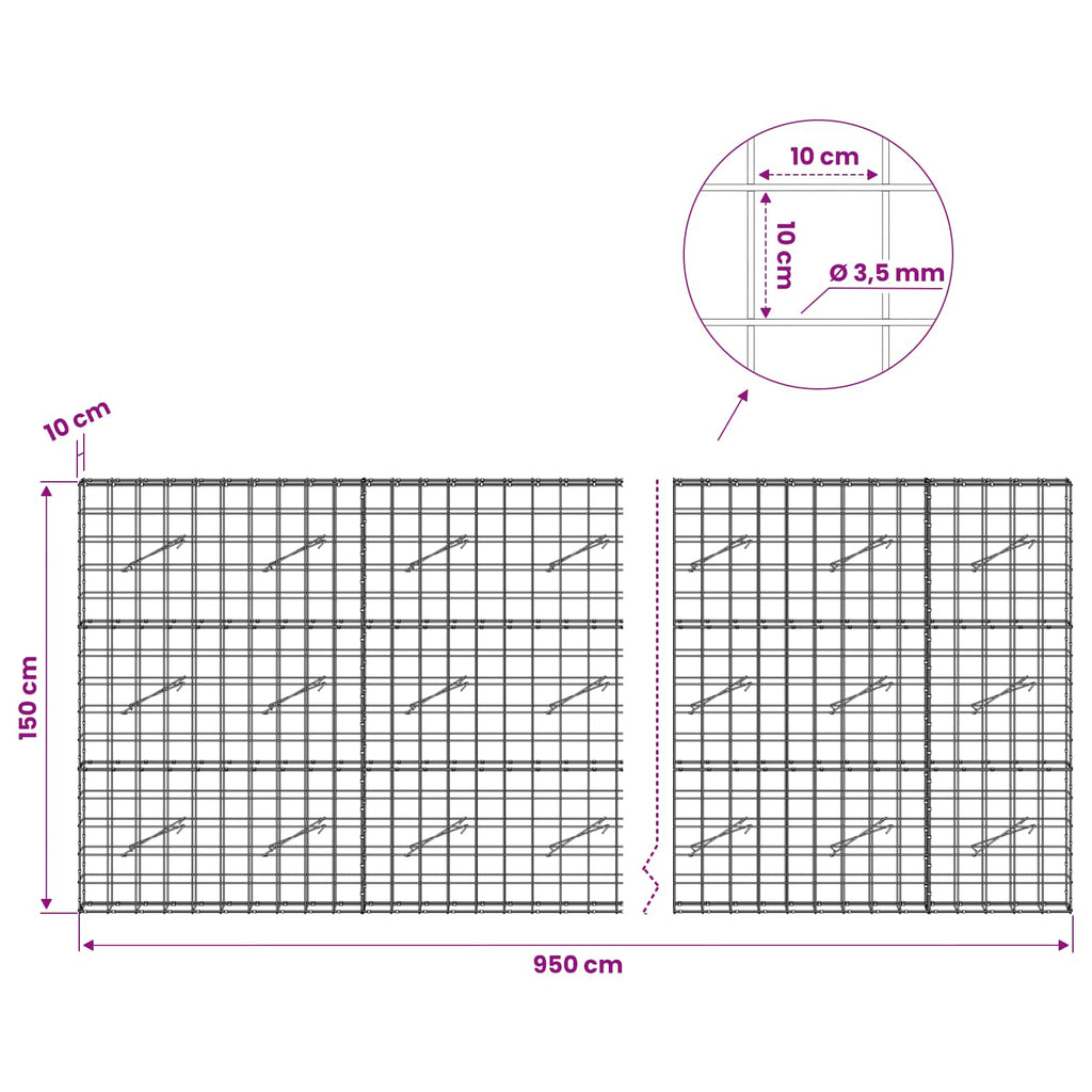 vidaXL Gabion z drutu 3,5 mm i siatką 10x10 cm 950x10x150 cm