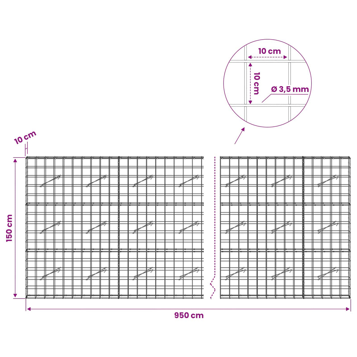 vidaXL Gabion z drutu 3,5 mm i siatką 10x10 cm 950x10x150 cm