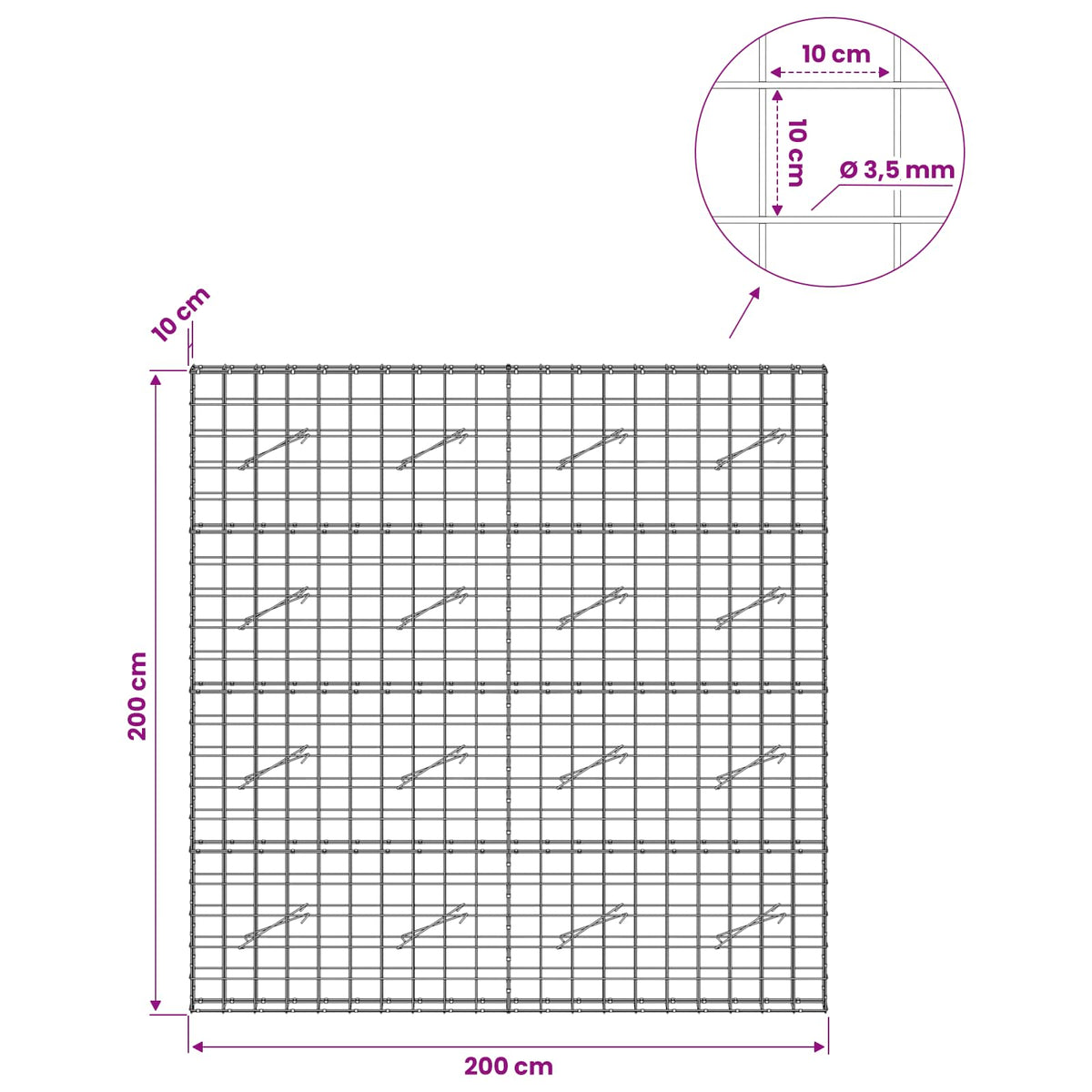 vidaXL Gabion z drutu 3,5 mm i siatką 10x10 cm 200x10x200 cm