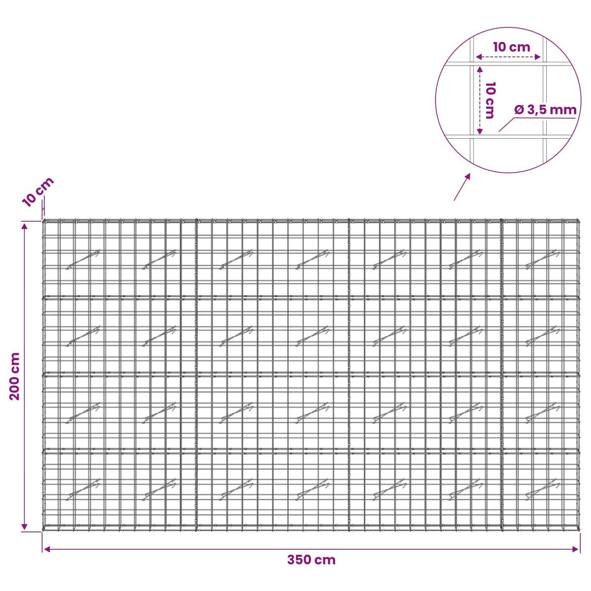 vidaXL Gabion z drutu 3,5 mm i siatką 10x10 cm 350x10x200 cm