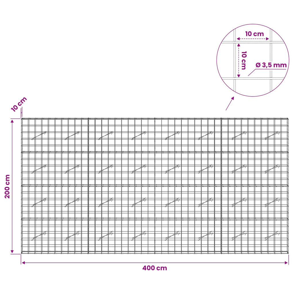 vidaXL Gabion z drutu 3,5 mm i siatką 10x10 cm 400x10x200 cm