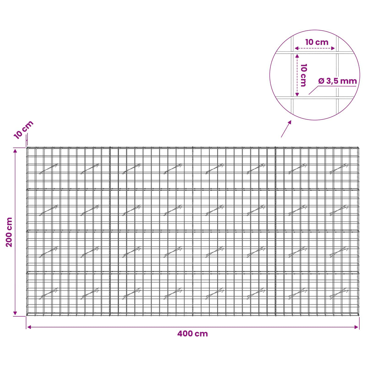 vidaXL Gabion z drutu 3,5 mm i siatką 10x10 cm 400x10x200 cm