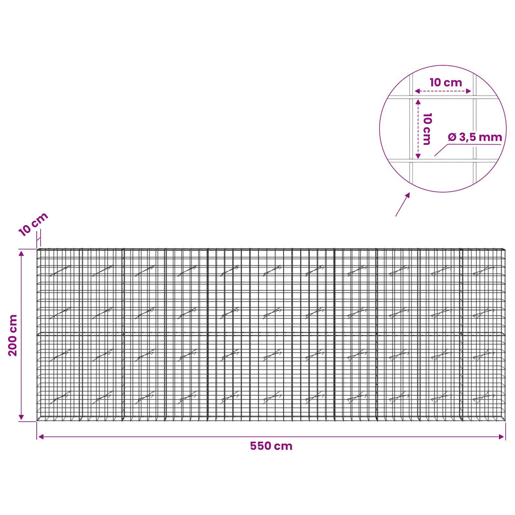 vidaXL Gabion z drutu 3,5 mm i siatką 10x10 cm 550x10x200 cm